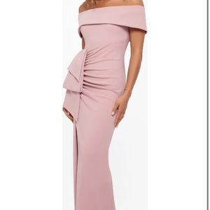XSCAPE off the shoulder crepe evening gown
